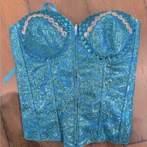 Lace Up Embellished Blue Corset Top